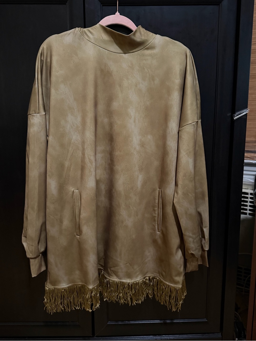Oversized Fringe-Hem Mini Tunic Dress in Taupe
